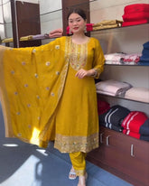 Ready To Wear Yellow Heavy Silk Fancy Sequence Work Pakistani Suit With Dupatta